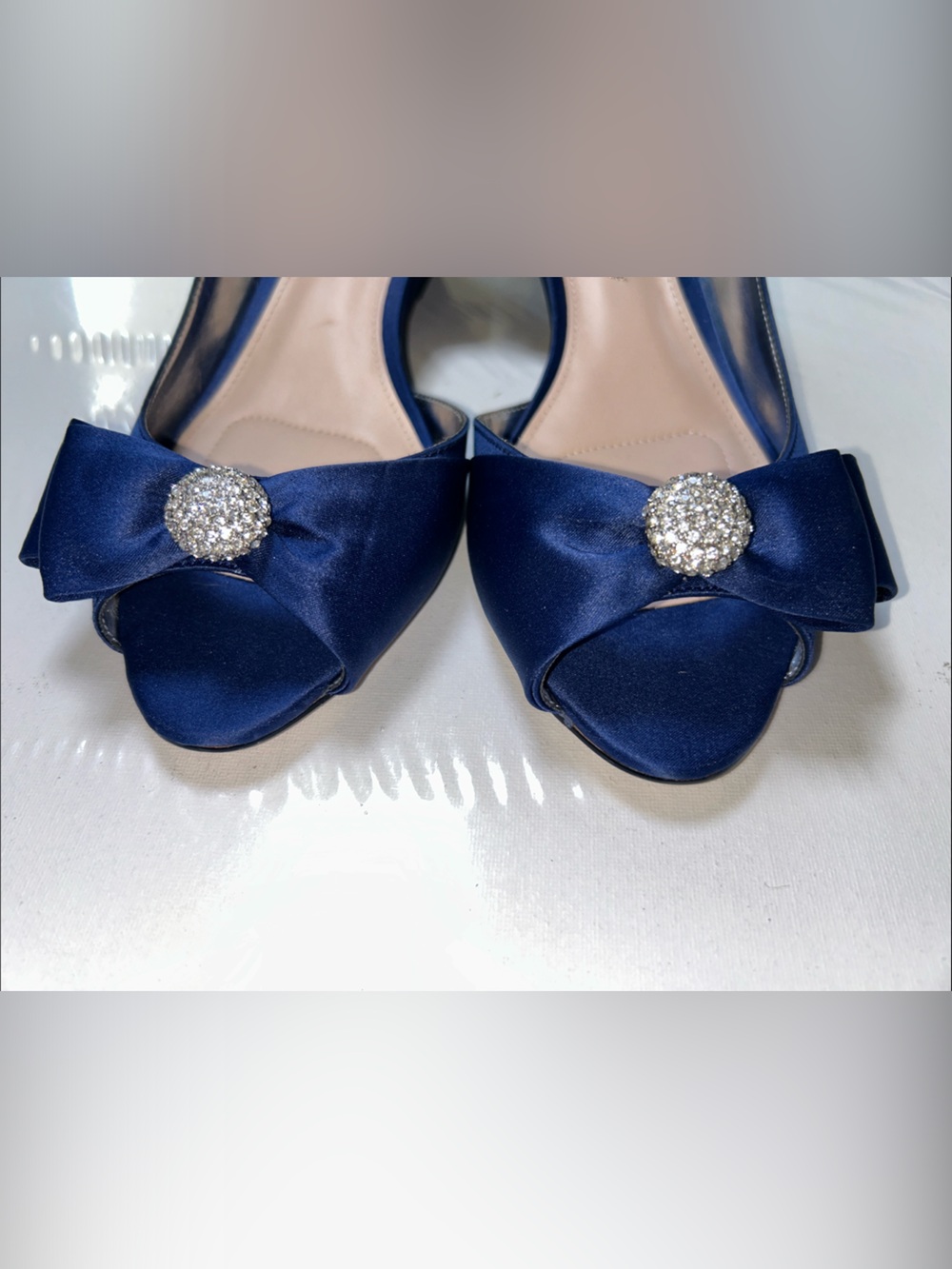 NWOB Nina Contesa D’Orsay Navy Blue Satin Peep Toe Flats w/ Bow & Rhinestone 10W - Picture 3 of 9